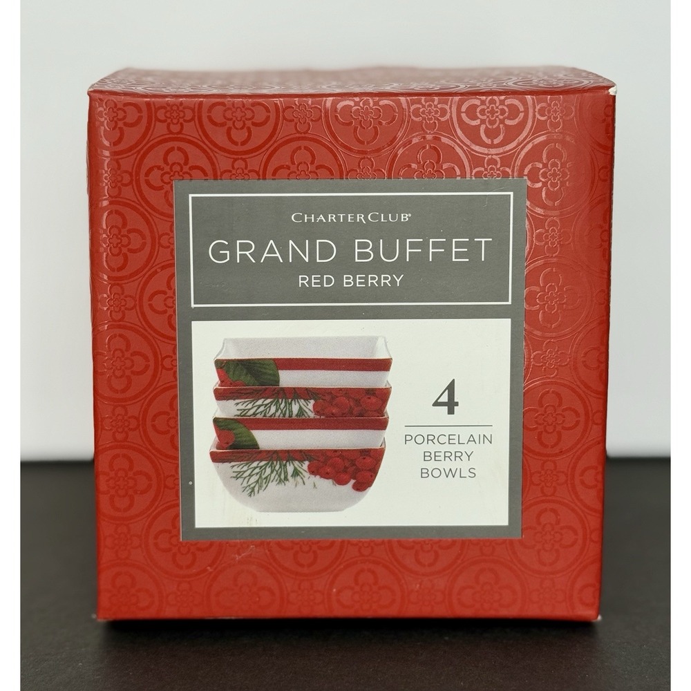 Charter Club GRAND BUFFET Red Berry - Set of 4 Porcelain Square Berry Bowls -EUC